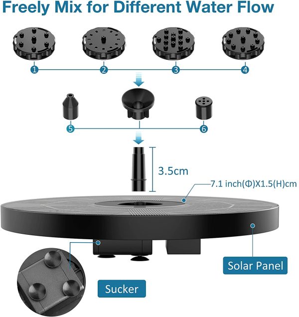 AISITIN 3.5W Solar Fountain 7.1in??18CM????Solar Water Fountain Pump Floating Fountain with 6 Nozzles for Bird Bath, Fish Tank, Pond or Garden Decoration Solar Aerator Pump ,Upgrade 3.5W Solar Panel - Image 3