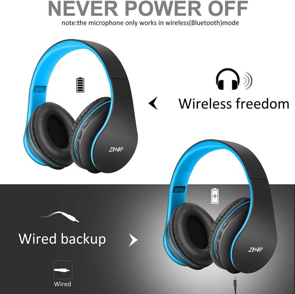 Bluetooth Over-Ear Headphones, Zihnic Foldable Wireless and Wired Stereo Headset Micro SD/TF, FM for Cell Phone,PC,Soft Earmuffs &Light Weight for Prolonged Waring (Black/Blue) - Image 3