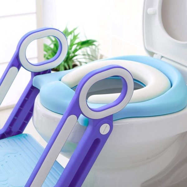 Potty Training Toilet Seat with Step Stool Ladder for Boys and Girls Baby Toddler Kid Children Toilet Training Seat Chair with Handles Padded Seat Non-Slip Wide Step (Blue Purple Upgraded Standard Seat)