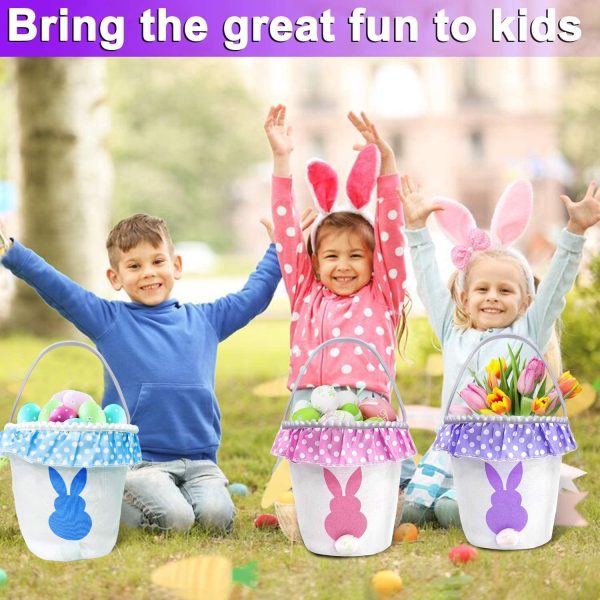 TOPLEE 3 PCS Easter Eggs Hunt Basket for Kids Canvas Bunny Basket Egg Bags Rabbit Fluffy Tails Party Celebrate Decoration Gift Toys Carry Bucket Tote (Ruffled) - Image 5