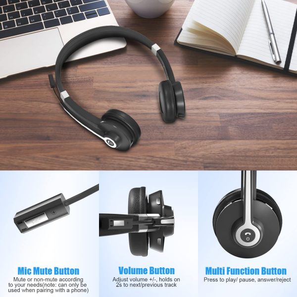 Bluetooth Headset with Microphone Noise Canceling, V5.0 Handsfree Wireless Headphones with Mute, 26H Talk Time Wireless Headset with Microphone for Laptop, Cell Phone, PC, Online Classes, Meetings - Image 5