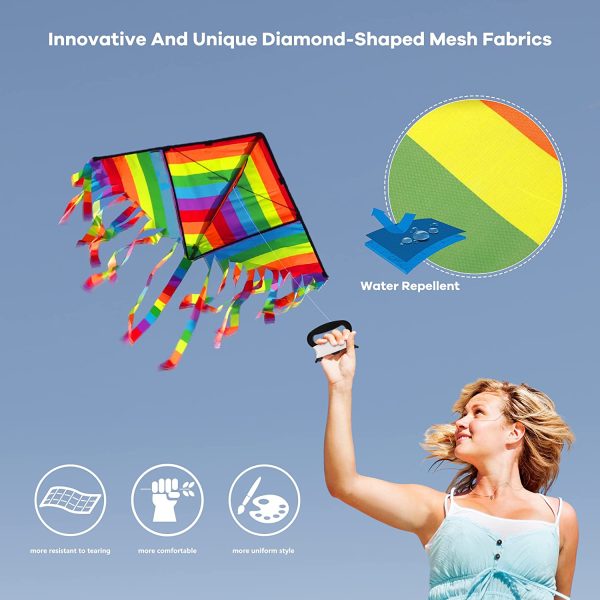 Kite for Kids Adults, 2 Pack Easy to Fly Rainbow Diamond Grid Cloth Strong Tear Resistance Kites with 328Ft Kite String Family Interactive Outdoor Activities Beach Games Toy - Image 6