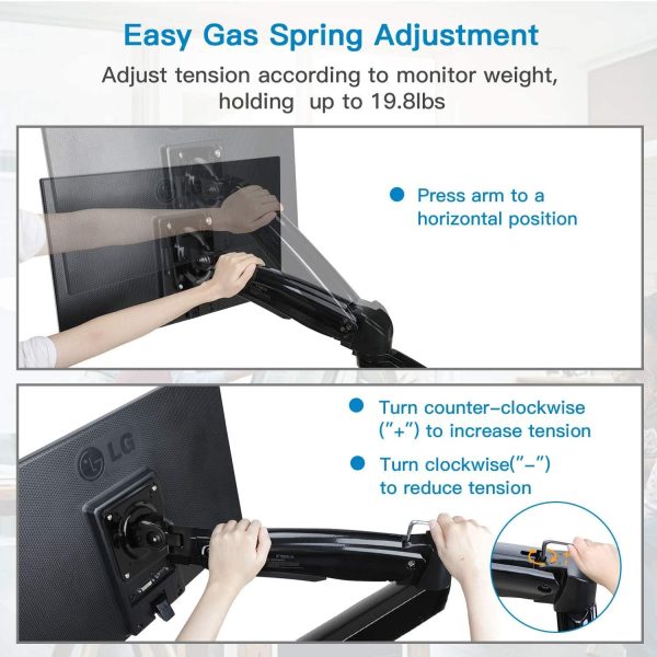 Single Monitor Mount Stand - Long Single Arm Gas Spring Monitor Desk Mount for 22 to 35 Inch Computer Screens Height Adjustable VESA Bracket with Clamp or Grommet Mounting Base - Holds 6.6 to 26.4 lbs - Image 2