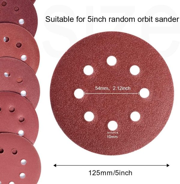 5 Inch 8 Hole Hook and Loop Sanding Discs Round Sandpaper - 100PCS 60 80 120 180 240 Grit Assorted for Orbital Sander