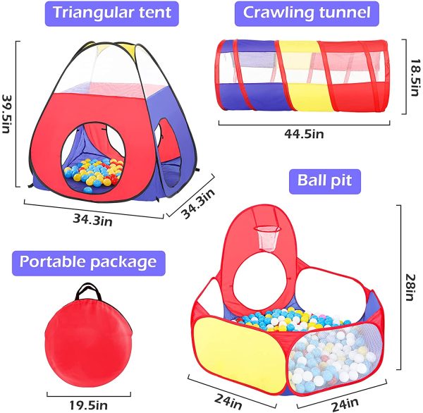 3pc Ball Pit for Toddlers with Kids Play Tent Baby Tunnel,  Toys for Boys and Girls Indoor Outdoor, Pop Up Kids Fort Playhouse, Balls NOT Included (Classic) - Image 6