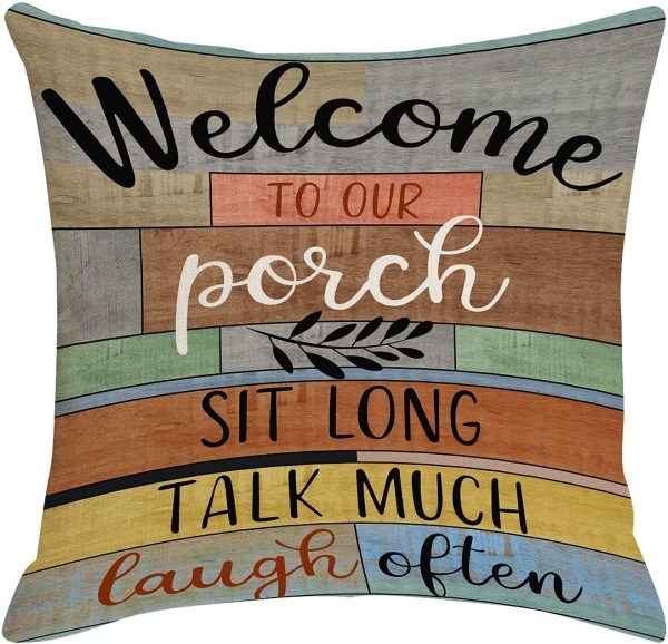 Jartinle Decorative Pillow Covers Porch Rules Sign Outdoor Farmhouse Throw Pillow Covers, Square Linen Patio Cushion Cases for Couch Bench Seat Chair Car 18x18 Inch - Image 2