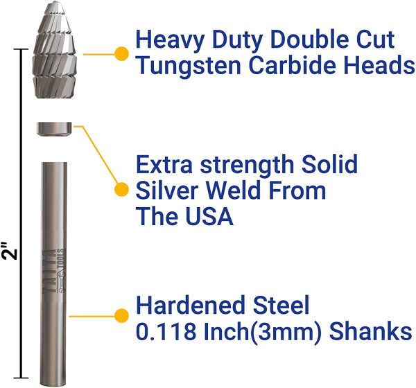 10PC Carbide Double Cut Burr Set - 0.118 Inch (3mm) Shank, Rotary Tool Cutting Bits - Accessories for Dremel, Fordom, Flex Shaft, Dewalt And Multitools - For Wood Carving, Metal Working And Engraving. - Image 8