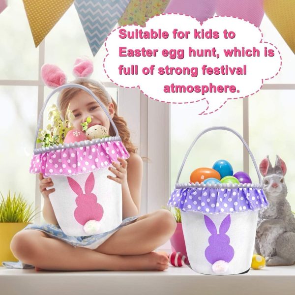 TOPLEE 3 PCS Easter Eggs Hunt Basket for Kids Canvas Bunny Basket Egg Bags Rabbit Fluffy Tails Party Celebrate Decoration Gift Toys Carry Bucket Tote (Ruffled) - Image 3