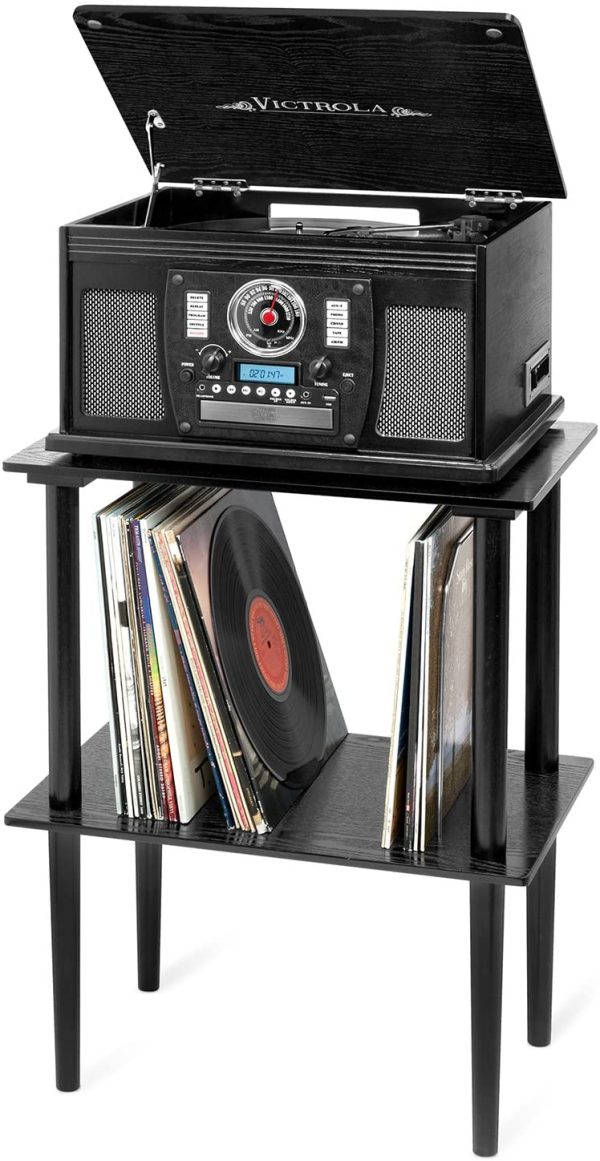 Victrola Wooden Stand for Wooden Music Centers with Record Holder Shelf, Black