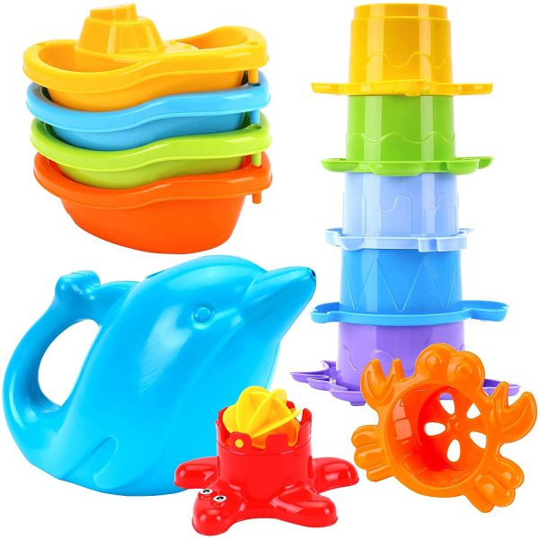 TECHNOK Baby Bath Toys for Toddlers - 12 pcs Rainbow Stacking Cups Baby Toy with Bath Boats Train and Toddler Watering Can - Stackable Plastic Bath Toys - Sea Animal Shapes Bath Toy for Girls and Boys - Image 3