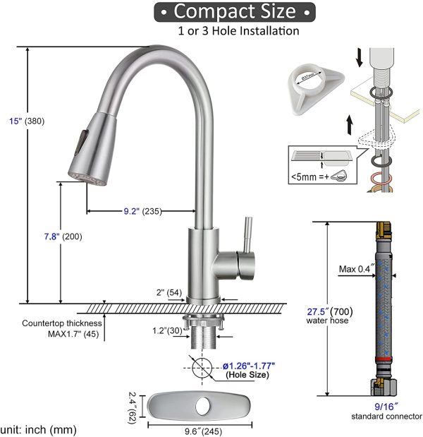 Single Handle High Arc Pull Out Sprayer Kitchen Faucet Lead-Free Stainless Steel Kitchen Sink Faucet 360 Swivel Modern Brushed Nickel Pull Down Head Commercial Faucets with Deck Plate - Image 4