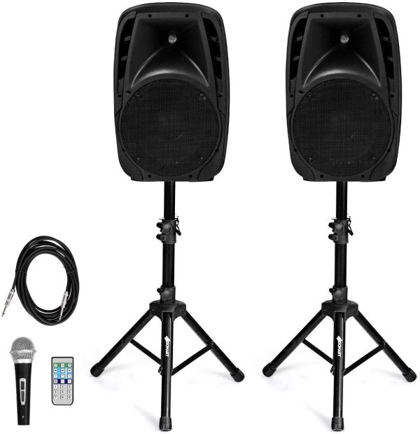 Costzon Portable 1600W 2-Way Powered PA Speaker System, Professional DJ Speakers with Active + Passive Loud Set, 2 Speaker Stands, Microphone, Bluetooth, USB/SD Card Input, FM Radio,Remote (2-Way) - Image 8