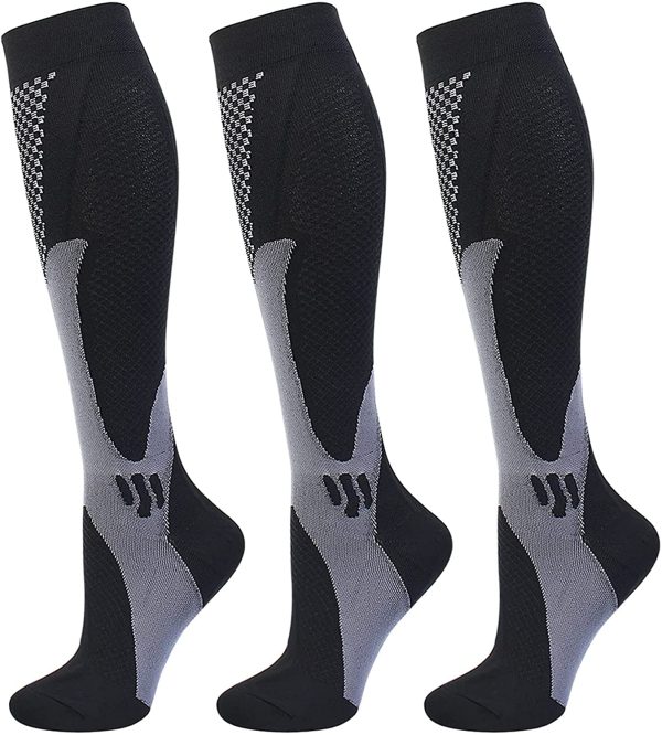 3 Pairs Compression Socks for Women and Men, High Long Stockings for Running, Medical, Circulation and Recovery(20-30 mmHg)