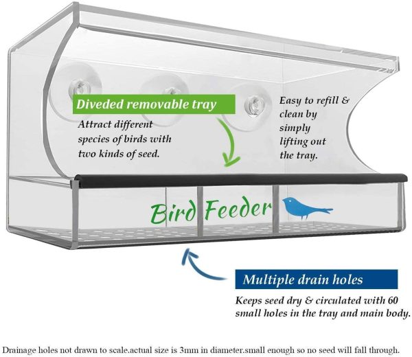 Bird Feeder, Window Bird House Crystal Clear Acrylic with Removable Tray, Drain Holes and 3 Heavy Duty Suction Cups, Weatherproof Design, Squirrel Resistant, Drains Rain Water - Image 7