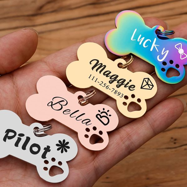 HiPeep Dog Tag Personalized Engraving Pet ID Tags Stainless Steel Custom Name Tag for Dog/Cat Bone Shape with Hollowed Paw and Customizable Text on Front & Backside - Image 2