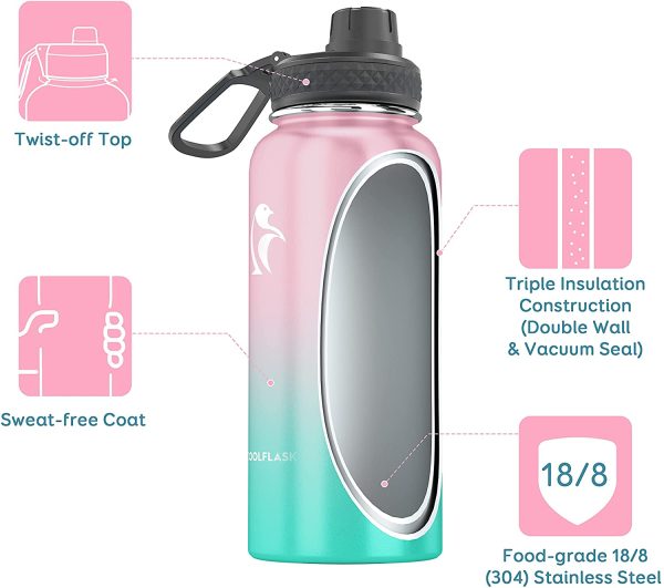 32 oz Water Bottle with Straw & Spout Lid,  Insulated Water Bottle 1/4 Gallon Wide Mouth , Sweat-Proof BPA-Free Keep Cold Up to 48 Hrs or Hot Up to 24 Hrs, Bubblegum Princess