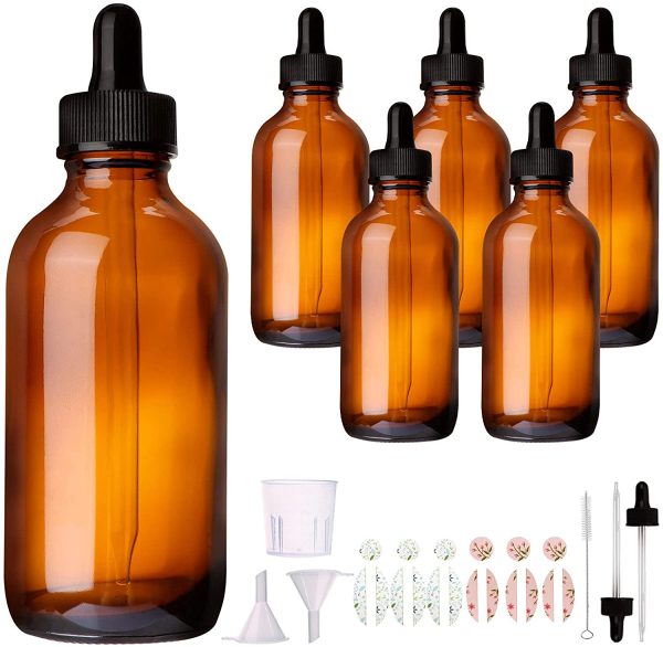 Comrzor 6 Pack 4oz Amber Glass Bottles with Glass Eye Droppers for Essential Oils, Perfumes & Lab Chemicals (Brush, Funnels, 2 Extra Droppers, 12 Pcs Labels & Measuring Cup Included) - Image 7