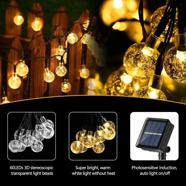 Joomer Outdoor Solar String Lights 39Ft 60 LED Upgraded Solar String Lights,8 Modes Waterproof Crystal Ball Lights Solar Fairy Patio Lights for Garden, Lawn, Porch, Gazebo, Bistro(Warm White) - Image 6