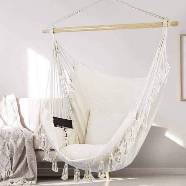 WBHome Extra Large Hammock Chair Swing with Hardware Kit, Hanging Macrame Chair Cotton Canvas, Include Carry Bag & Two Soft Seat Cushions, for Bedroom Indoor Outdoor, Max. Weight 330 Lbs (Beige) - Image 2