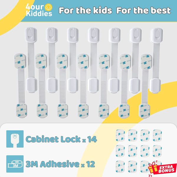 14 Pack Child Safety Cabinet Locks for Babies Child Proof Latches Locks for Cabinets and Drawers Doors, Baby Proofing Cabinet Strap Locks for Cupboards, Fridge, Toilet and Closet with 3M Adhesive - Image 7