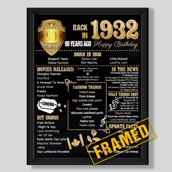 Ywlake Back in 1932 Poster CA Framed, Happy 90th Birthday Party Table Decoration Supplies 8X10 inch Home Decor Birthday Wedding Gift Poster for Men Him (Gold) - Image 7