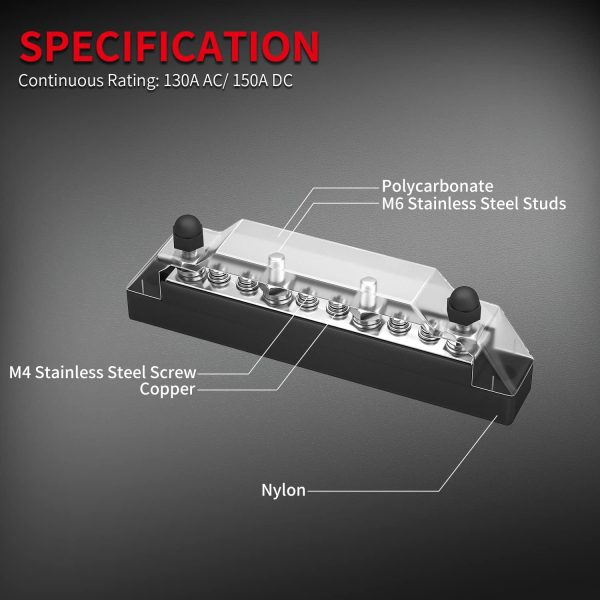 DaierTek Power Distribution Block 4 x M6 Terminal Studs, 6 x M4 Terminal Screws Battery Bus Bar for Car Marine Boat (Pair - Positive & Negative) - Image 3