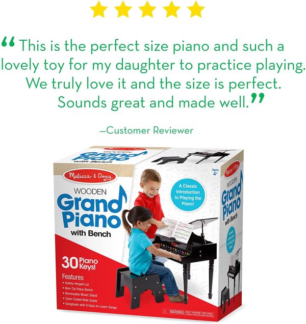 Melissa & Doug Learn-to-Play Classic Grand Piano with 30 Keys, Color-Coded Songbook, and Non-Tip Bench, H: 23.5 X W: 22.2 X D: 10 - Image 8