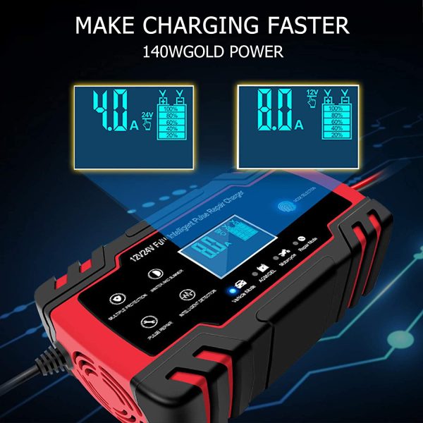 Car Battery Charger, 12V/8A 24V/4A Compatible Automotive Smart Portable Battery Charger Maintainer/Enhanced Edition Pulse Repair Charger Pack for Car, Motorcycle, Lawn Mower and More - Red - Image 4