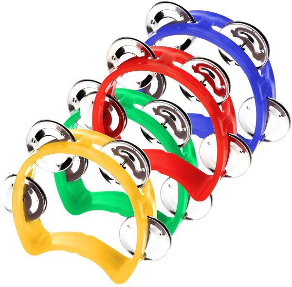 SAVITA 4 Pcs Percussion Tambourine Plastic Mini Half Moon Adults Tambourine Jingle Bell Musical Toys Musical Rhythm Instruments for Boys Girls Kindergarten Party Family Gatherings (Multi-colors) - Image 6