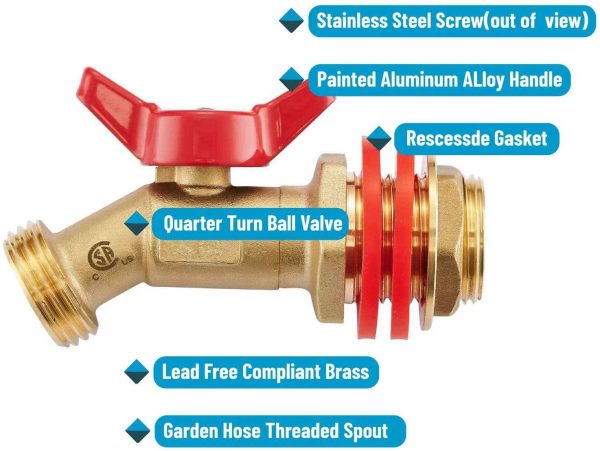 Lead-Free Brass Water Ball Valve Container Spigot w/Build-in Bulkhead Fitting,3/4"Male G Threaded to 3/4" Male GHT Outlet,Rain Barrel Inlet Outlet Quarter Turn Spigot - Image 4