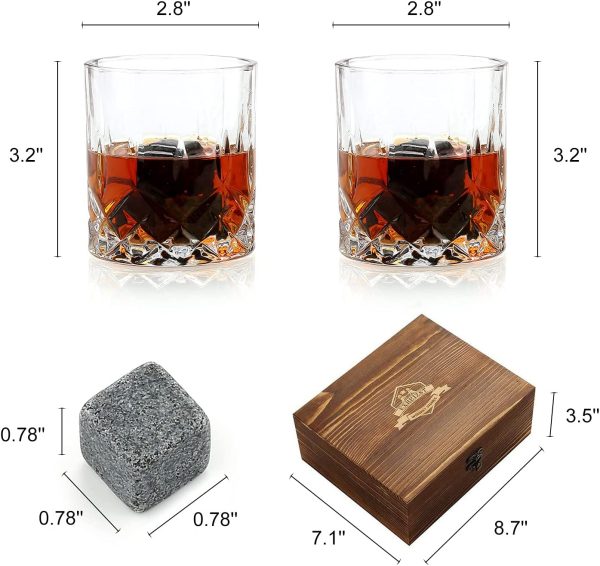 Whiskey Stones Glass Gift Set - Bourbon Scotch Whiskey Glasses Set of 2 - Granite Chilling Rocks in Premium Wooden Box - Best Drinking Gift for Men Dad Husband Father's Day Birthday Holiday Christmas (Cylindrical) - Image 4