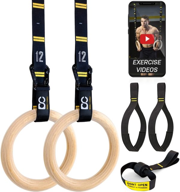 Double Circle Wood Gymnastic Rings with Quick Adjust Numbered Straps and Exercise Videos Guide, Full Body Workout, Calisthenics, Home Gym (Multi-Size) - Image 3