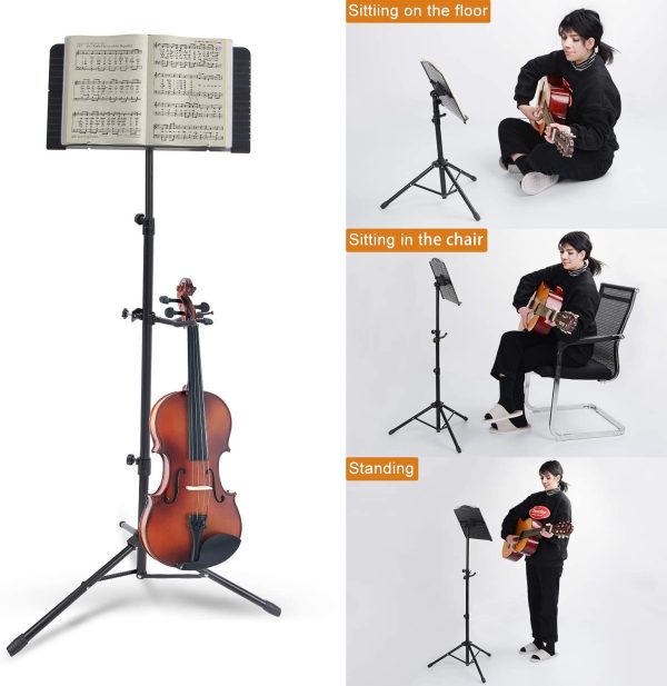 Klvied Sheet Music Stand with Violin Hanger, Portable Folding violin Stand, Foldable Music Stand for Sheet Music, Violin Music Stand with Carrying Bag, Light, Black - Image 7