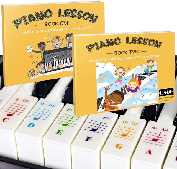 Color Piano and Keyboard Stickers and Complete Color Note Piano Music Lesson and Guide Book 1 and Book 2 for Kids and Beginners; Designed and Printed in USA - Image 2