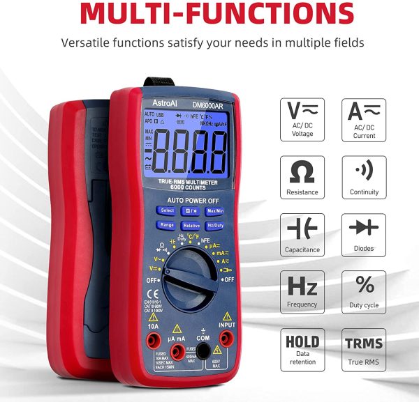 AstroAI Digital Multimeter TRMS 6000 Counts Volt Meter Ohmmeter Auto-Ranging Tester; Accurately Measures Voltage Current Resistance Diodes Continuity Duty-Cycle Capacitance Temperature for Automotive