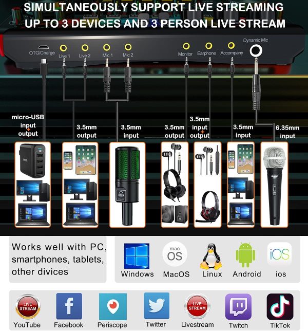 Audio Interface with Podcast Microphone and Live Sound Card,Y10 Studio Condenser Mic & V11 Sound Board/Audio Mixer/Voice Changer Podcast equipment for Guitar/Live Streaming/Recording/Gaming/YouTube (V11+Y10) - Image 3