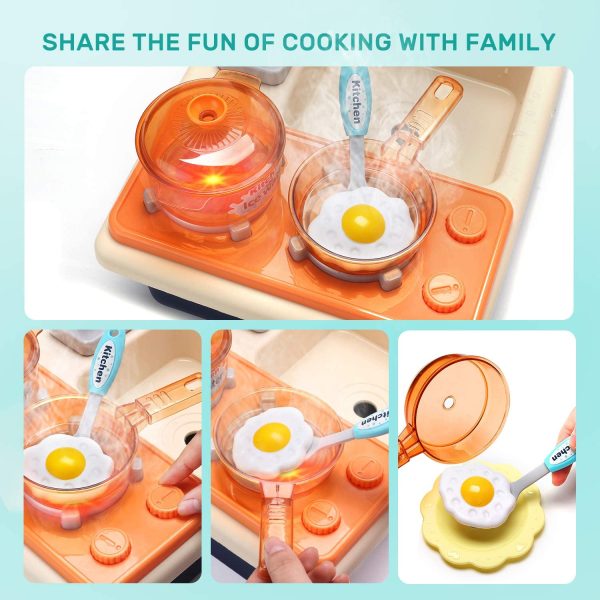 CUTE STONE Kitchen Sink Toys, Pretend Play Sink with Play Cooking Stove, Realistic Spray Pot and Pan with Light and Sound, Play Cut Food & Dish Rack, Tableware Utensils Accessories for Kids Toddlers - Image 4