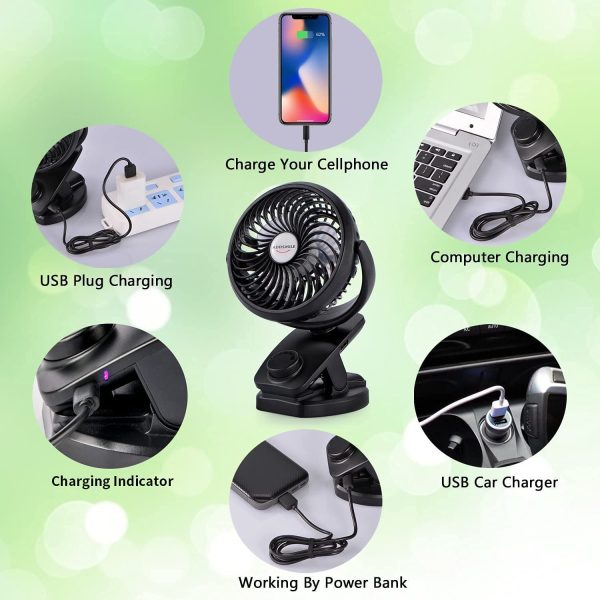 ADDSMILE Battery Operated Clip On Fan Rechargeable Desk Fan for Baby Stroller Car Gym Home Office Outdoor Traveling and Camping Black - Image 2