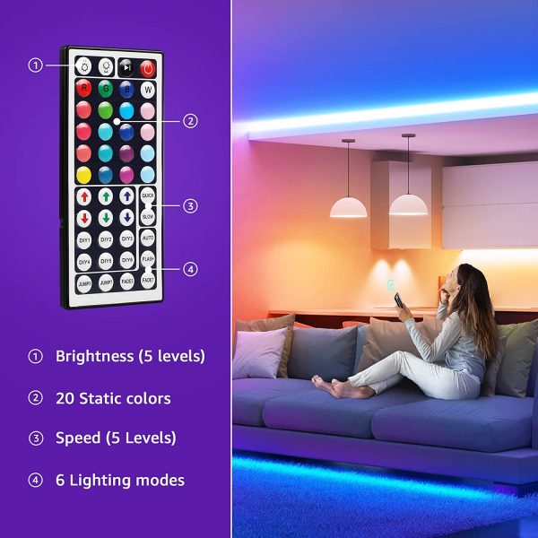 LE LED Strip Lights Kit, 16.4ft RGB LED Light Strips, Color Changing Light Strip with Remote Control, 12V Power Supply for Kitchen, Bedroom, and More, Non Waterproof