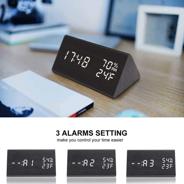 Digital Alarm Clock, with Wooden Electronic LED Time Display, 3 Alarm Settings, Humidity & Temperature Detect, Wood Made Electric Clocks for Bedroom, Bedside, Black - Image 4