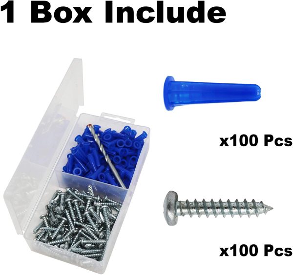 Masonry Anchor Kit 100 Pc Plastic Concrete Wall E8 Screw 10#*2 Drill Bit - Image 6