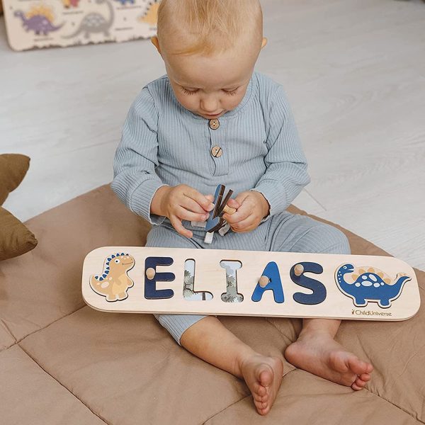 Baby Personalized Wood Name Puzzle With Custom Design - Toddler Name Puzzle For Girls & Boys - Montessori Toys Nursery D??cor - Name Sign 1st Birthday Gift for Baby (Blue, Boy Dino) - Image 3