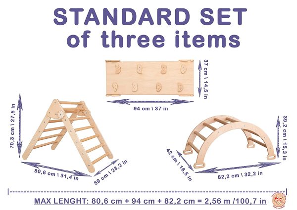 Set of three items Wooden toys Climbing triangle Montessori Wooden toys Triangle with ramp Activity gym Pikler Climbing triangle Pikler set Natural Wood (Standard size)