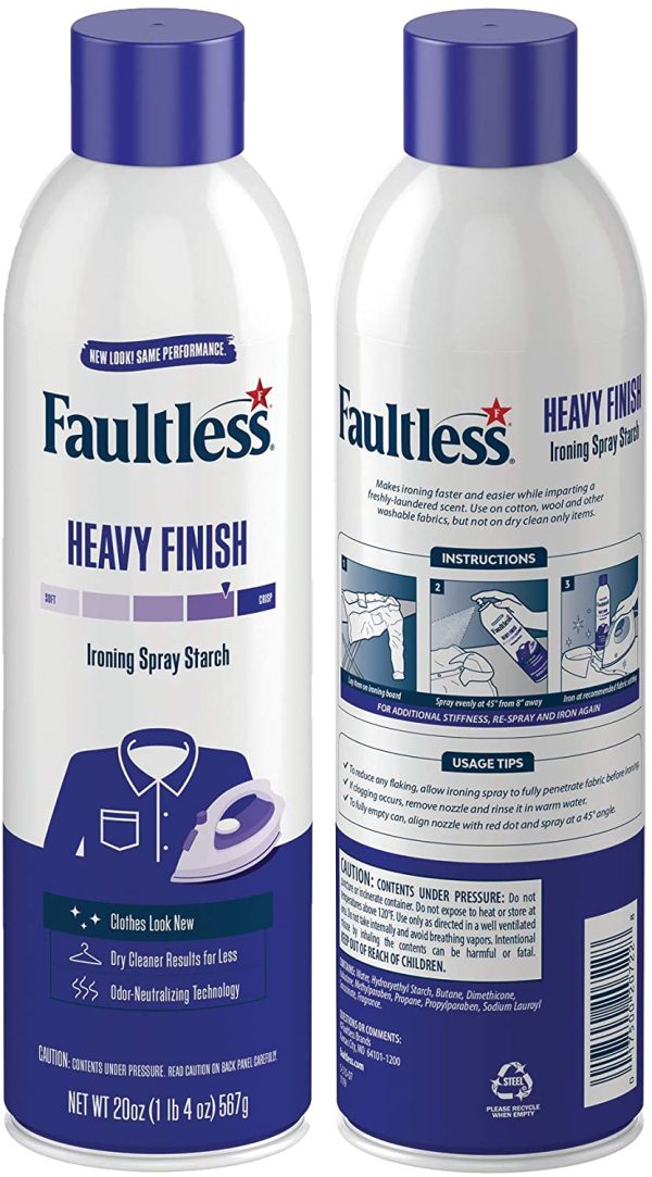 Laundry Starch Spray, Faultless Heavy Spray Starch 20 oz Cans for a Smooth Iron Glide on Clothes & Fabric Even Spray, Easy Iron Glide, No Reside (Pack of 2)