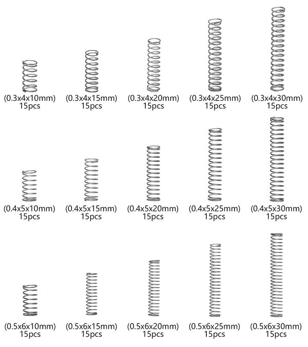 CREEYA Compression Springs Assortment Kit, 15 Different Sizes 225pcs Mini Stainless Steel Springs for Repairs, 0.39" to 1.18" Length, 0.16" to 0.23" OD, 10mm - 30mm Length, 4-6mm OD - Image 2