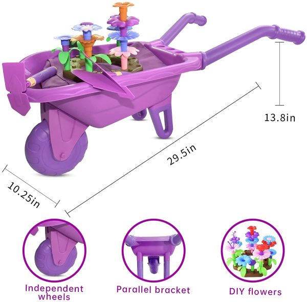 Qtioucp Kids Pretend Play Garden Toys Outdoor Gardening Tool Set with 93 PCS DIY Kids Flower Garden Building Preschool Activities Wheelbarrow, Watering Can, Hand Rake,Trowel, Plow, Double Hoe, Gloves, Apron for Kids Boys Girls (Purple) - Image 3