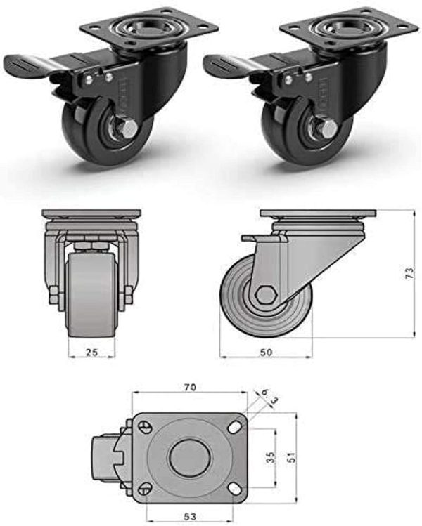 2" Heavy Duty Caster Wheels with 2 Brakes + Screws - up to 440Lbs - Set of 4 No Floor Marks Silent Castor for Furniture - Rubbered Dolly Swivel Wheels - Black Casters - Image 3