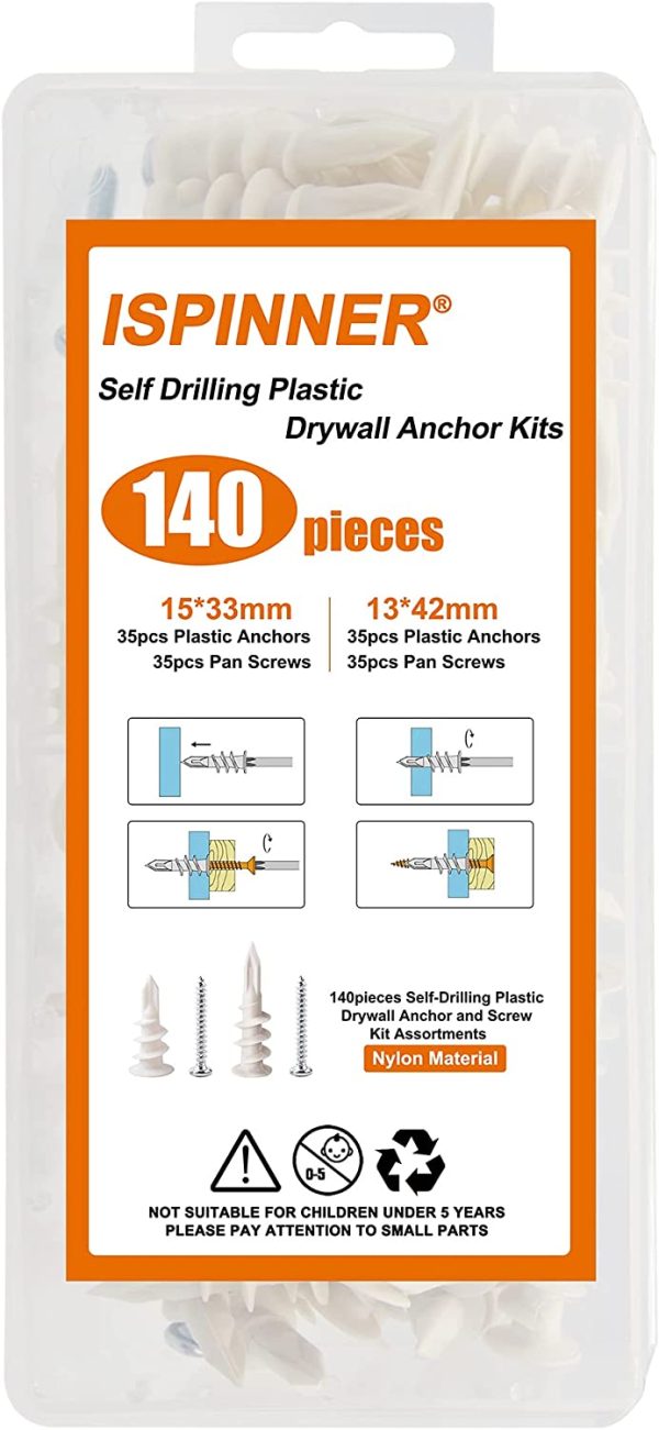 140pcs Plastic Drywall Anchors Self Drilling Hollow Wall Anchors with Screws Assortment Kit (13x42mm + 15x33mm)