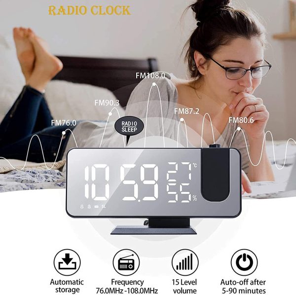 Projection Alarm Clock, LED Digital Alarm Clock with Mirror Surface, USB Charging Port, Snooze,Dual Alarm, FM Radio, Temperature and Humidity, 12/24H Setting, Home Decor Bedroom Small Desktop Alarm Clock(Black) - Image 6