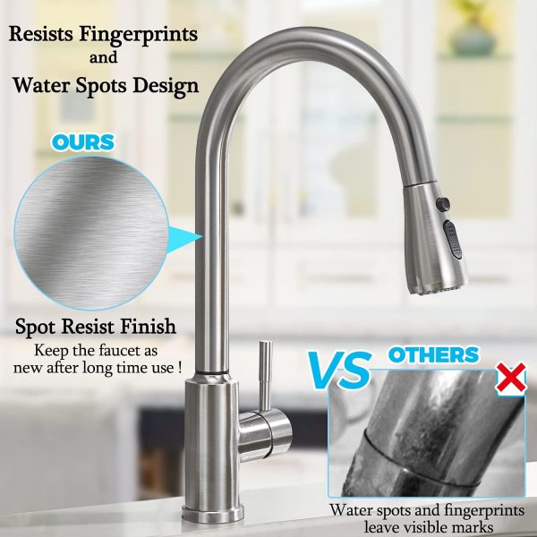 Kitchen Faucet with Pull Down Sprayer(Stream, Spray, Pause),  360 Swivel High Arc Stainless Steel Brushed Nickel Bar Kitchen Sink Faucets, Single Handle Lead-Free Pull Out Kitchen Tap with Deck Plate F190NS - Image 3